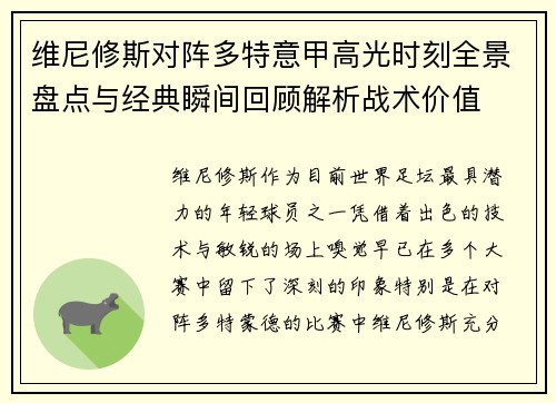 维尼修斯对阵多特意甲高光时刻全景盘点与经典瞬间回顾解析战术价值