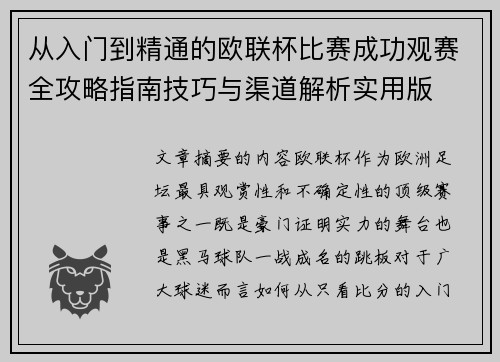从入门到精通的欧联杯比赛成功观赛全攻略指南技巧与渠道解析实用版