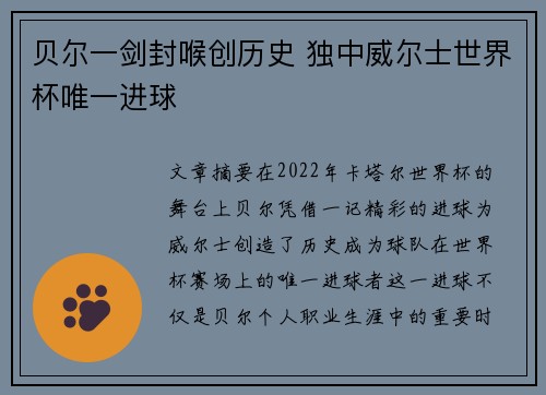 贝尔一剑封喉创历史 独中威尔士世界杯唯一进球